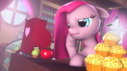 Size: 3840x2159 | Tagged: safe, artist:selestlight, pinkie pie, earth pony, pony, 3d, apple, bored, cupcake, display case, food, muffin, pinkamena diane pie, poster, sale, solo, source filmmaker, sugarcube corner, window