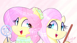 Size: 1920x1080 | Tagged: safe, artist:lynchristina, fluttershy, pegasus, pony, better together, equestria girls, so much more to me, bust, cute, duality, equestria girls ponified, female, looking at each other, looking sideways, mare, ponified, portrait, shyabetes, singing, smiling