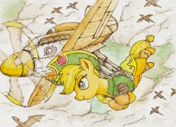 Size: 800x577 | Tagged: safe, artist:daisymane, applejack, dragon, earth pony, pony, clothes, cloud, female, hat, mare, plane, traditional art, vest