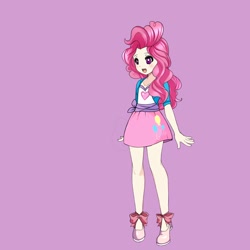 Size: 1024x1024 | Tagged: safe, artist:blaria95, pinkie pie, equestria girls, anime, clothes, female, human coloration, pink background, shoes, simple background, skirt, solo