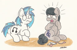 Size: 1913x1258 | Tagged: safe, artist:bobthedalek, dj pon-3, octavia melody, vinyl scratch, earth pony, pony, unicorn, backwards cutie mark, duo, implied nudity, nudity, traditional art, we don't normally wear clothes