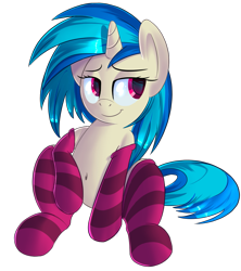 Size: 1073x1209 | Tagged: safe, artist:january3rd, dj pon-3, vinyl scratch, pony, unicorn, belly button, clothes, simple background, socks, solo, striped socks, transparent background