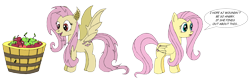 Size: 4500x1500 | Tagged: safe, artist:sparklesk, fluttershy, bat pony, pegasus, pony, apple, flutterbat, food, race swap, simple background, solo, speech bubble, transparent background