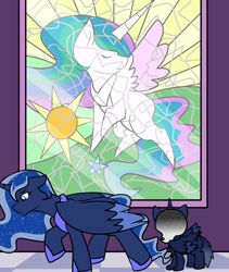 Size: 1600x1900 | Tagged: safe, artist:jolliapplegirl, princess celestia, princess luna, oc, oc:desert moon, alicorn, hybrid, original species, pony, sphinx, female, filly, foal, implied death, interspecies offspring, mare, next generation, offspring, parent:oc:asra, parent:princess luna, parents:canon x oc, stained glass, story included, window