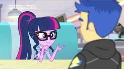 Size: 1280x720 | Tagged: safe, screencap, flash sentry, sci-twi, twilight sparkle, better together, equestria girls, pinkie pie: snack psychic, cute, glasses, just friends, lamp, ponytail, sweet snacks cafe, table