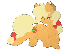 Size: 3508x2480 | Tagged: safe, artist:eleamorbid, applejack, earth pony, pony, applejack's hat, bow, cowboy hat, freckles, hair bow, hat, high res, prone, simple background, solo, tail bow, transparent background