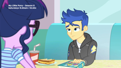 Size: 1280x720 | Tagged: safe, screencap, flash sentry, sci-twi, twilight sparkle, better together, equestria girls, book, cheese, food, glasses, grilled cheese, just friends, math, ponytail, soda, table