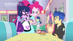 Size: 1280x720 | Tagged: safe, screencap, bon bon, flash sentry, pinkie pie, sci-twi, sweetie drops, twilight sparkle, better together, equestria girls, pinkie pie: snack psychic, apron, ashamed, cheese, clothes, food, glasses, grilled cheese, jukebox, ponytail, server pinkie pie, skirt, soda, sweet snacks cafe, table, waitress