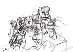 Size: 1280x922 | Tagged: safe, artist:cahook2, octavia melody, oc, earth pony, pony, armor, bolter, crossover, dark angels, gun, magic, monochrome, power armor, sketch, space marine, telekinesis, traditional art, warhammer (game), warhammer 40k