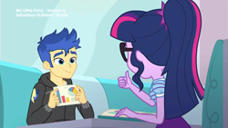 Size: 1280x720 | Tagged: safe, screencap, flash sentry, sci-twi, twilight sparkle, better together, equestria girls, pinkie pie: snack psychic, book, just friends, math, ponytail, smiling, sweet snacks cafe, table, thumbs up