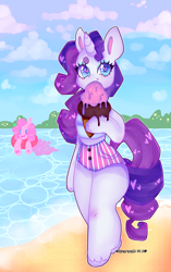 Size: 2470x3924 | Tagged: safe, artist:bunxl, pinkie pie, rarity, earth pony, pony, semi-anthro, unicorn, :3, beach, food, ice cream, inner tube