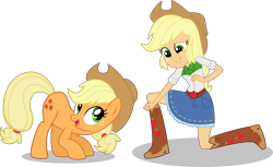 Size: 7500x4597 | Tagged: safe, artist:limedazzle, applejack, pony, equestria girls, absurd resolution, boots, cowboy boots, cowboy hat, freckles, grin, hat, human ponidox, looking at each other, nervous, nervous grin, pony counterpart, self ponidox, simple background, smiling, square crossover, transparent background, vector