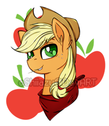 Size: 400x463 | Tagged: safe, artist:shiiazu, applejack, earth pony, pony, bust, colored pupils, cutie mark background, ear fluff, looking at you, neckerchief, portrait, simple background, smiling, solo, song in the description, transparent background, watermark