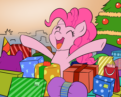 Size: 1000x800 | Tagged: safe, artist:empyu, pinkie pie, pony, christmas, christmas tree, eyes closed, holiday, open mouth, present, smiling, solo, tree