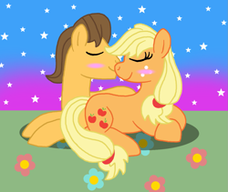 Size: 1281x1081 | Tagged: safe, artist:pandalove93, applejack, caramel, earth pony, pony, carajack, female, male, nuzzling, shipping, straight