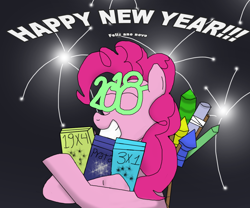 Size: 1200x1000 | Tagged: safe, artist:masterkaiser, pinkie pie, earth pony, pony, 2018, box, explosion, explosives, female, fireworks, glasses, happy, happy new year, happy new year 2018, holding, holiday, mare, mortar, new year, portuguese, rocket, smiling, solo