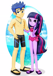 Size: 1600x2263 | Tagged: safe, artist:jucamovi1992, flash sentry, twilight sparkle, equestria girls, belly, belly button, bikini, clothes, feet, female, flashlight, flip-flops, male, midriff, nipples, nudity, partial nudity, sandals, shipping, smiling, straight, swimming trunks, swimsuit, topless