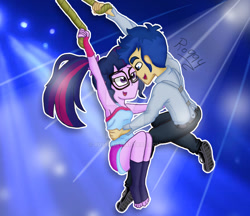 Size: 1024x886 | Tagged: safe, artist:ro994, flash sentry, sci-twi, twilight sparkle, better together, equestria girls, armpits, female, flashlight, glasses, male, rewrite the stars, sciflash, shipping, smiling, spotlight, straight, the greatest showman