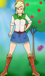 Size: 1000x1692 | Tagged: safe, artist:liniitadash23, applejack, equestria girls, apple, apple tree, boots, clothes, cowboy boots, cowboy hat, denim skirt, female, food, freckles, fruit, hand on hip, hat, legs, looking at you, skirt, solo, stetson, tree
