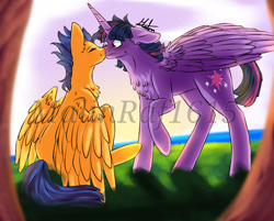 Size: 768x619 | Tagged: safe, artist:malinraf1615, dusk shine, flare warden, flash sentry, prince dusk, twilight sparkle, twilight sparkle (alicorn), alicorn, chest fluff, duskflare, female, flashlight, floppy ears, kissing, male, ruffled feathers, rule 63, shipping, straight, watermark