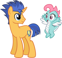 Size: 5662x5318 | Tagged: safe, artist:osipush, flash sentry, oc, oc:dim sum the dragon, dragon, pony, unicorn, absurd resolution, alternate gender counterpart, alternate universe, baby, baby dragon, duo, female, flying, male, race swap, simple background, stallion, transparent background, vector