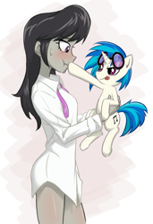 Size: 605x885 | Tagged: safe, artist:ta-na, dj pon-3, octavia melody, vinyl scratch, pony, unicorn, equestria girls, :p, :t, backwards cutie mark, blushing, boop, bottomless, clothes, eye contact, female, holding a pony, interspecies, lesbian, licking, licking lips, scratchtavia, scrunchy face, shipping, smirk, sweatdrop, tiny ponies, tongue out, wide eyes