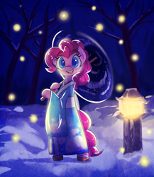 Size: 2000x2300 | Tagged: safe, artist:habijob, pinkie pie, earth pony, pony, bipedal, clothes, female, high res, kimono (clothing), mare, night, snow, solo, tree, umbrella, winter