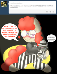 Size: 1800x2302 | Tagged: safe, artist:blackbewhite2k7, smarty pants, twist, batman, clothes, crossover, glasses, lisp, parody, scarface, the ventriloquist, tumblr