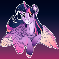 Size: 2449x2449 | Tagged: safe, artist:turnipberry, twilight sparkle, twilight sparkle (alicorn), alicorn, pony, bust, chest feathers, cloven hooves, colored wings, colored wingtips, ethereal mane, female, gradient background, gradient legs, mare, shoulder feathers, smiling, solo, starry eyes, starry mane, two toned wings, wingding eyes