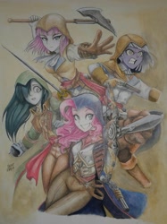 Size: 1500x2007 | Tagged: safe, artist:kvorias23, limestone pie, marble pie, maud pie, pinkie pie, equestria girls, assassin's creed, clothes, crossover, equestria girls-ified, female, gun, handgun, hoodie, looking at you, pie sisters, pistol, rapier, siblings, sisters, smiling, sword, traditional art, weapon