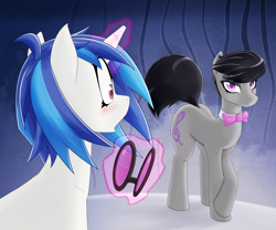 Size: 4608x3840 | Tagged: safe, artist:slackerburst, dj pon-3, octavia melody, vinyl scratch, earth pony, pony, alternate hairstyle, blushing, female, lesbian, scratchtavia, shipping, short mane