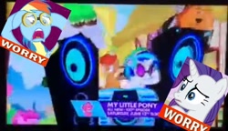 Size: 486x280 | Tagged: safe, edit, edited screencap, screencap, button mash, dj pon-3, hugh jelly, octavia melody, vinyl scratch, earth pony, pony, slice of life (episode), 100th episode, colt, discovery family, discovery family logo, drama, drama bait, male, meme, op is a cuck, op is trying to start shit, quality, speakers, tony kornheiser, trailer, why.jpg, worry