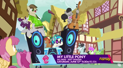 Size: 1279x709 | Tagged: safe, screencap, button mash, dance fever, dizzy twister, dj pon-3, hugh jelly, liquid button, merry may, neon lights, octavia melody, orange swirl, rising star, ruby pinch, vinyl scratch, earth pony, pony, slice of life (episode), 100th episode, background pony, cello, colt, discovery family, discovery family logo, eyes closed, female, filly, headphones, male, mare, musical instrument, quality, speakers, stallion, trailer, wubcart