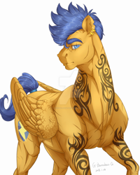 Size: 1024x1280 | Tagged: safe, artist:rossignolet, flash sentry, pegasus, pony, cutie mark, ear piercing, earring, eye scar, eyebrows, flash hunktry, jewelry, lip piercing, looking at you, male, muscles, piercing, realistic, scar, solo, stallion, tail wrap, tattoo, torn ear, watermark