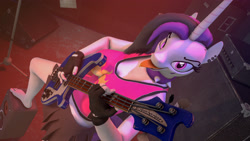 Size: 3840x2160 | Tagged: safe, artist:unnero1, princess celestia, anthro, plantigrade anthro, 3d, alternate hairstyle, barefoot, bass guitar, choker, clothes, ear piercing, feet, looking at you, miniskirt, musical instrument, piercing, pleated skirt, punklestia, skirt, source filmmaker, spiked choker, toe ring, tongue out, tongue piercing