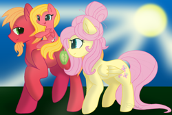 Size: 1024x688 | Tagged: safe, artist:leanne264, big macintosh, fluttershy, oc, oc:sweet apple, pegasus, pony, alternate hairstyle, base used, facial hair, family, female, filly, fluttermac, goatee, hair bun, male, offspring, older, parent:big macintosh, parent:fluttershy, parents:fluttermac, ponies riding ponies, shipping, straight