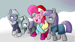 Size: 1600x900 | Tagged: safe, artist:yakoshi, limestone pie, marble pie, maud pie, pinkie pie, earth pony, pony, christmas, clothes, coat, eyes closed, female, hat, holiday, mare, open mouth, pie sisters, raised hoof, santa hat, scarf, siblings, sisters, smiling, snow