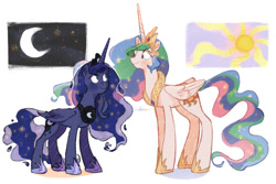 Size: 950x635 | Tagged: safe, artist:dai-san31, artist:daisanfar, princess celestia, princess luna, alicorn, pony, blushing, cute, duo, female, looking at each other, mare, moon, royal sisters, simple background, sun, white background