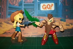 Size: 816x544 | Tagged: safe, applejack, equestria girls, boots, cowboy boots, crossover, doll, equestria girls minis, gat-22 30mm heavy machine gun, gunpla, sd gundam, toy, zangief