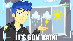 Size: 1536x864 | Tagged: safe, edit, edited screencap, screencap, flash sentry, best trends forever, better together, equestria girls, camera, family guy, ollie williams, rain, recording, reference, weather