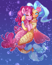 Size: 1700x2100 | Tagged: safe, artist:kitsu-chan11, pinkie pie, princess skystar, seapony (g4), my little pony: the movie, eyes closed, female, lesbian, one eye closed, scales, seaponified, seapony pinkie pie, shipping, skypie, smiling, species swap