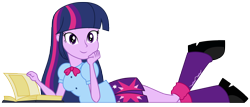 Size: 3374x1444 | Tagged: safe, artist:famousmari5, derpibooru import, twilight sparkle, equestria girls, adorkable, book, cute, dork, female, hand on chin, looking at you, one leg raised, reading, simple background, solo, transparent background, twiabetes, vector