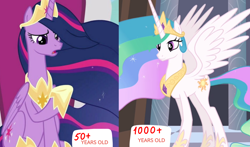 Size: 1700x1000 | Tagged: safe, edit, edited screencap, screencap, princess celestia, princess twilight 2.0, twilight sparkle, twilight sparkle (alicorn), alicorn, pony, the last problem, comparison, female, leak, mare