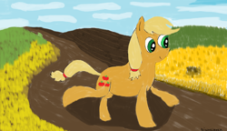 Size: 1666x962 | Tagged: safe, artist:amateur-draw, applejack, earth pony, pony, field, missing accessory, ms paint, scenery