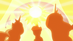 Size: 1920x1080 | Tagged: safe, screencap, princess celestia, princess luna, twilight sparkle, twilight sparkle (alicorn), alicorn, pony, the summer sun setback, silhouette, sun