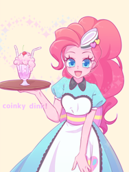 Size: 1200x1600 | Tagged: safe, artist:kkmrarar, pinkie pie, coinky-dink world, eqg summertime shorts, equestria girls, beautiful, clothes, cute, diapinkes, female, food, ice cream, long hair, looking at you, open mouth, server pinkie pie, simple background, smiling, solo, tray, waitress