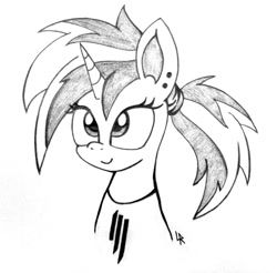 Size: 901x886 | Tagged: safe, artist:dubstepbrony4life, dj pon-3, vinyl scratch, pony, unicorn, clothes, cute, monochrome, ponytail, shirt, skrillex, smiling, traditional art