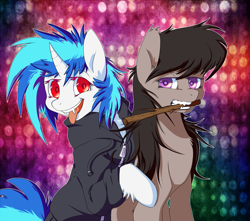 Size: 1727x1524 | Tagged: safe, artist:tobykitten, dj pon-3, octavia melody, vinyl scratch, earth pony, hengstwolf, pony, undead, unicorn, vampire, vampony, werewolf, my roommate is a vampire, chest fluff, clothes, curved horn, ear fluff, fangs, female, fluffy, hoof fluff, hooves, horn, leg fluff, looking at you, mare, open mouth, red eyes, smiling, stick, teeth, tongue out, vinyl the vampire, wolftavia