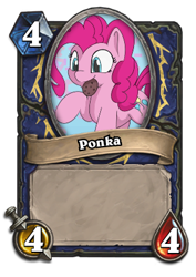 Size: 306x432 | Tagged: safe, artist:treekickerdraws, editor:luxuria, pinkie pie, earth pony, pony, blizzard entertainment, card, cookie, cute, diapinkes, female, food, hearthpwny, hearthstone, mare, mouth hold, ponka, raised hoof, smiling, solo, warcraft