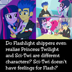 Size: 2048x2048 | Tagged: safe, edit, edited screencap, screencap, bon bon, flash sentry, pinkie pie, sci-twi, sweetie drops, twilight sparkle, equestria girls, equestria girls series, pinkie pie: snack psychic, rainbow rocks, book, drama, female, flashlight, geode of telekinesis, glasses, happy, just friends, laughing, magical geodes, male, math, ponytail, sciflash, server pinkie pie, shipping, sockpuppeting in the comments, straight, sweet snacks cafe, table